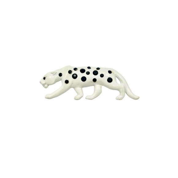 Vintage KJL Signed White Enamel Cheetah Pin Brooch Black Rhinestones Wild Cat - Picture 1 of 10